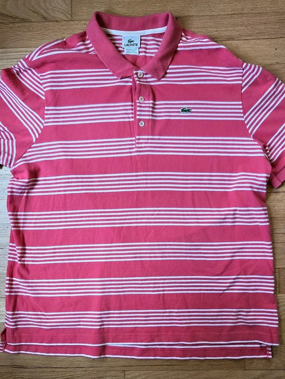 Lacoste Coral Pink & White Striped Piqué Polo Shirt - Men's Size 8 3XL